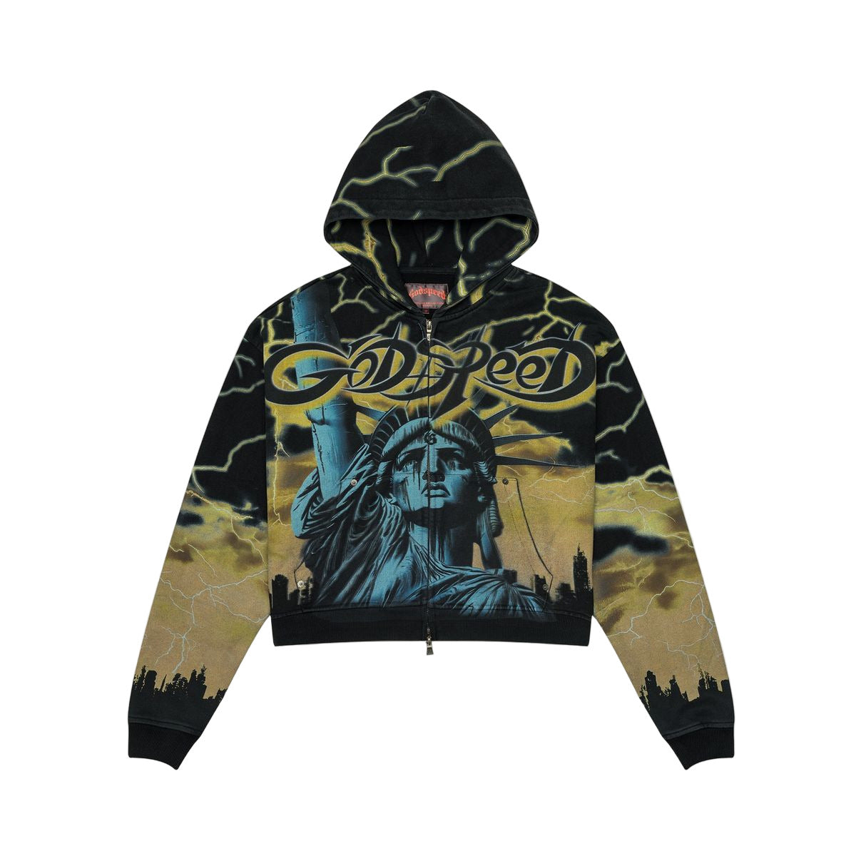 Godspeed VOLTAGE Mainline heavy-weight washed hoodie with all-over print art piece and cropped cut design