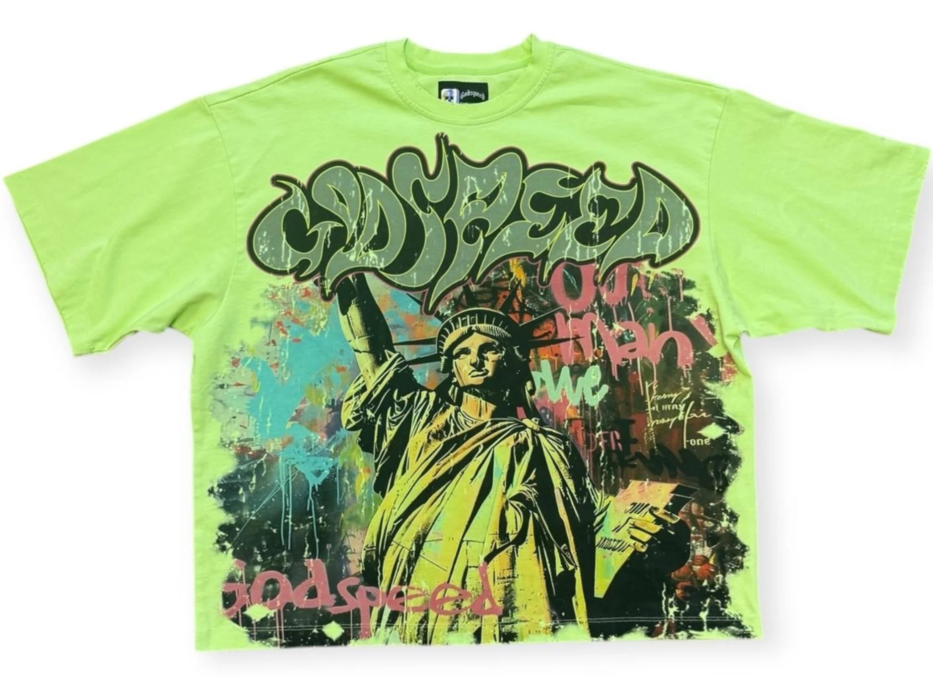 Godspeed Vandal T-Shirt in Volt with crown art design and stone embellishments, crafted from 10oz mid-weight washed cotton, limited to 444 pieces.