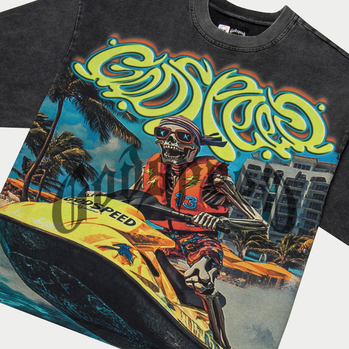 Black t-shirt with a colorful graphic of a skeleton on a jet ski, palm trees, and buildings.