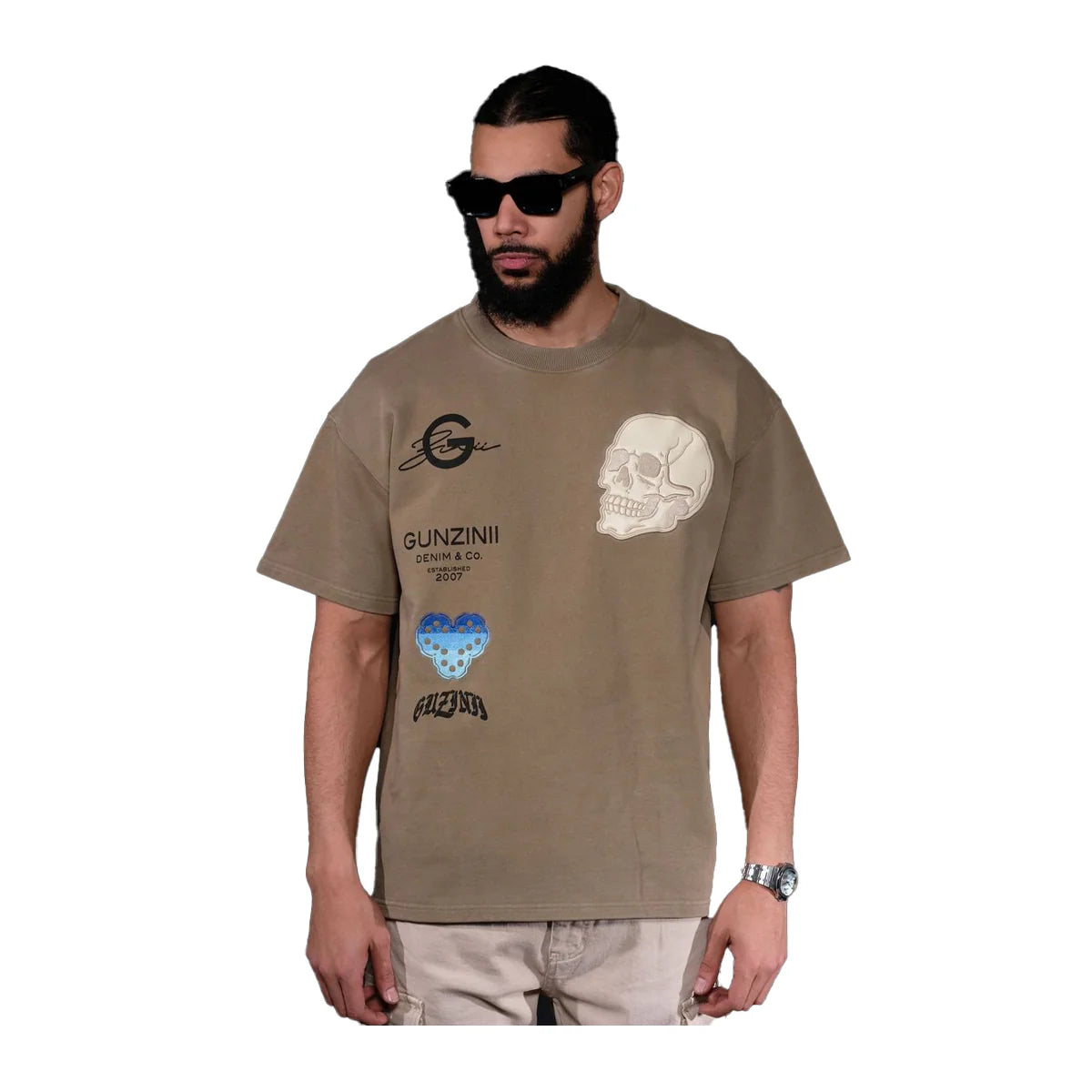 Gunzinii Mens Skull Crew Neck T-Shirt in Army Green with Bold Placement Print