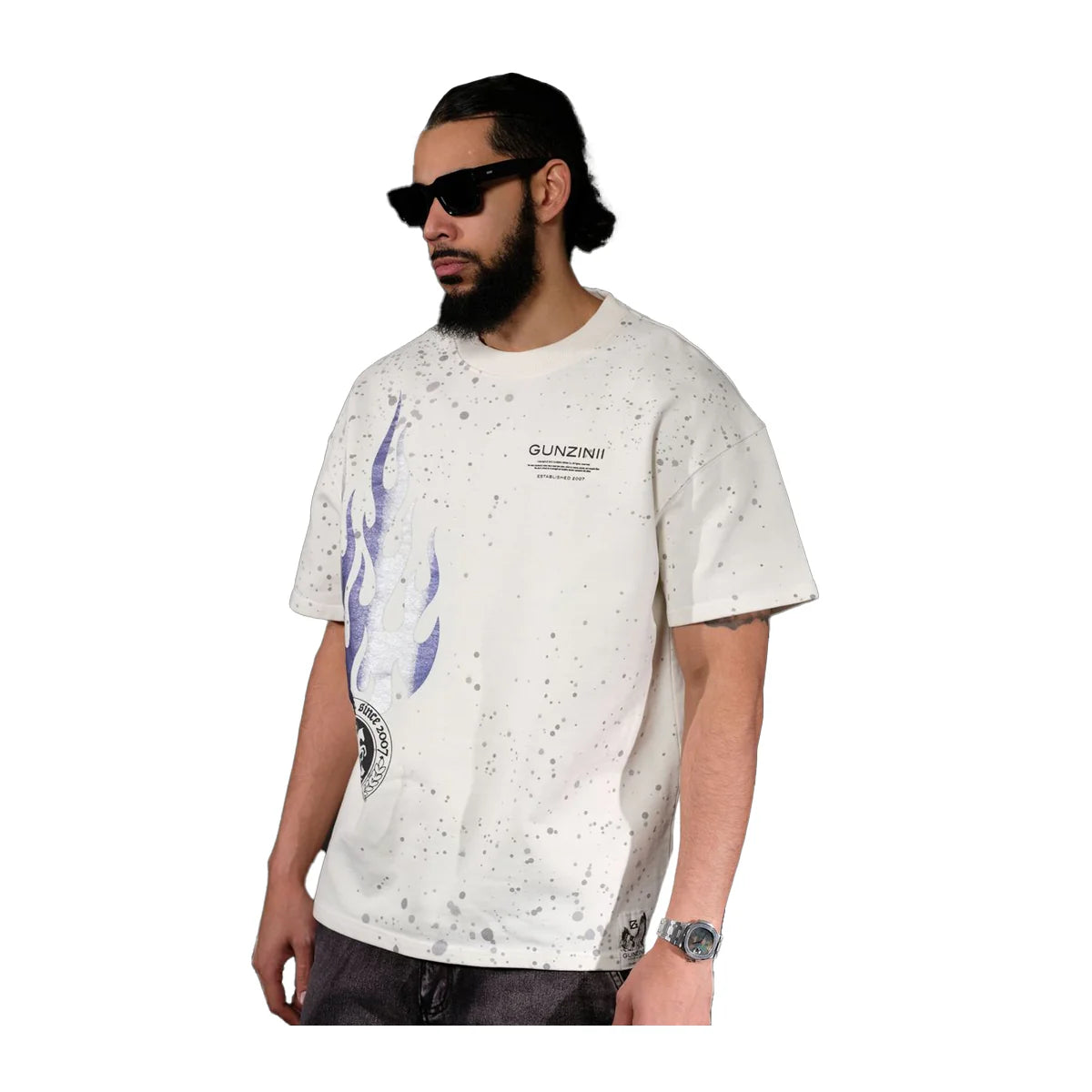 Gunzinii Mens Hard Rock Crew Neck T-Shirt Off White with Bold Placement Print