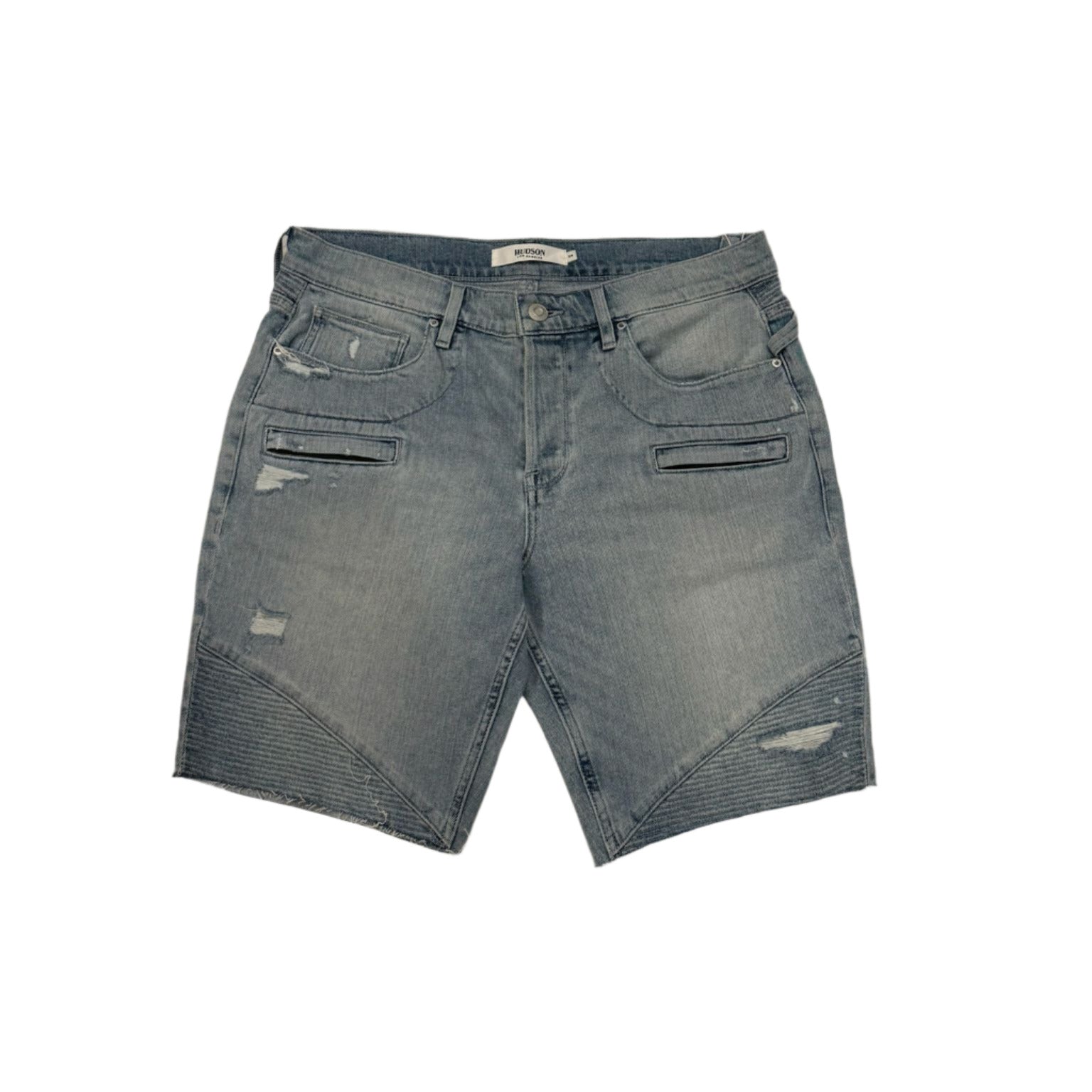 Blue denim shorts on a marble floor