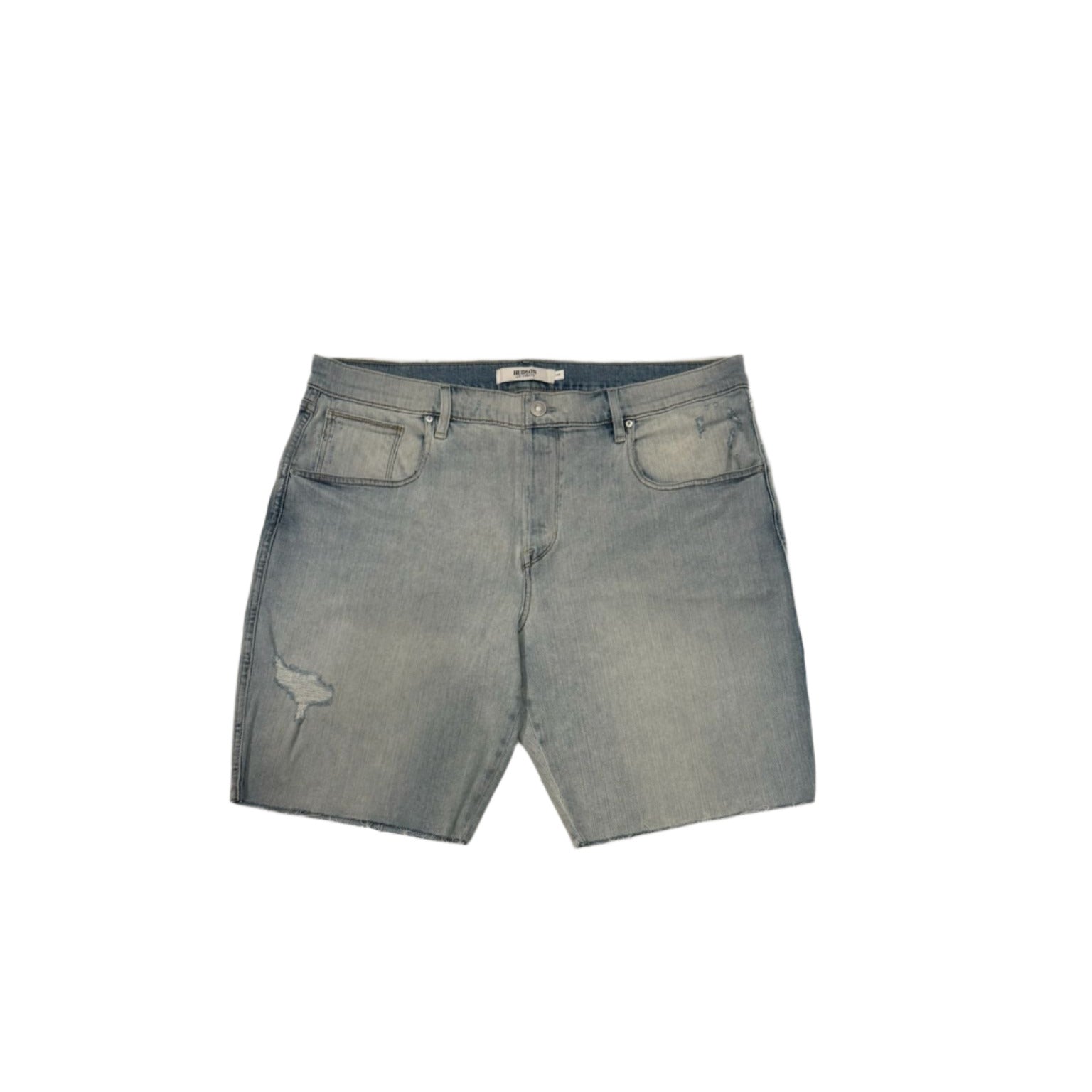Gray denim shorts on a white background