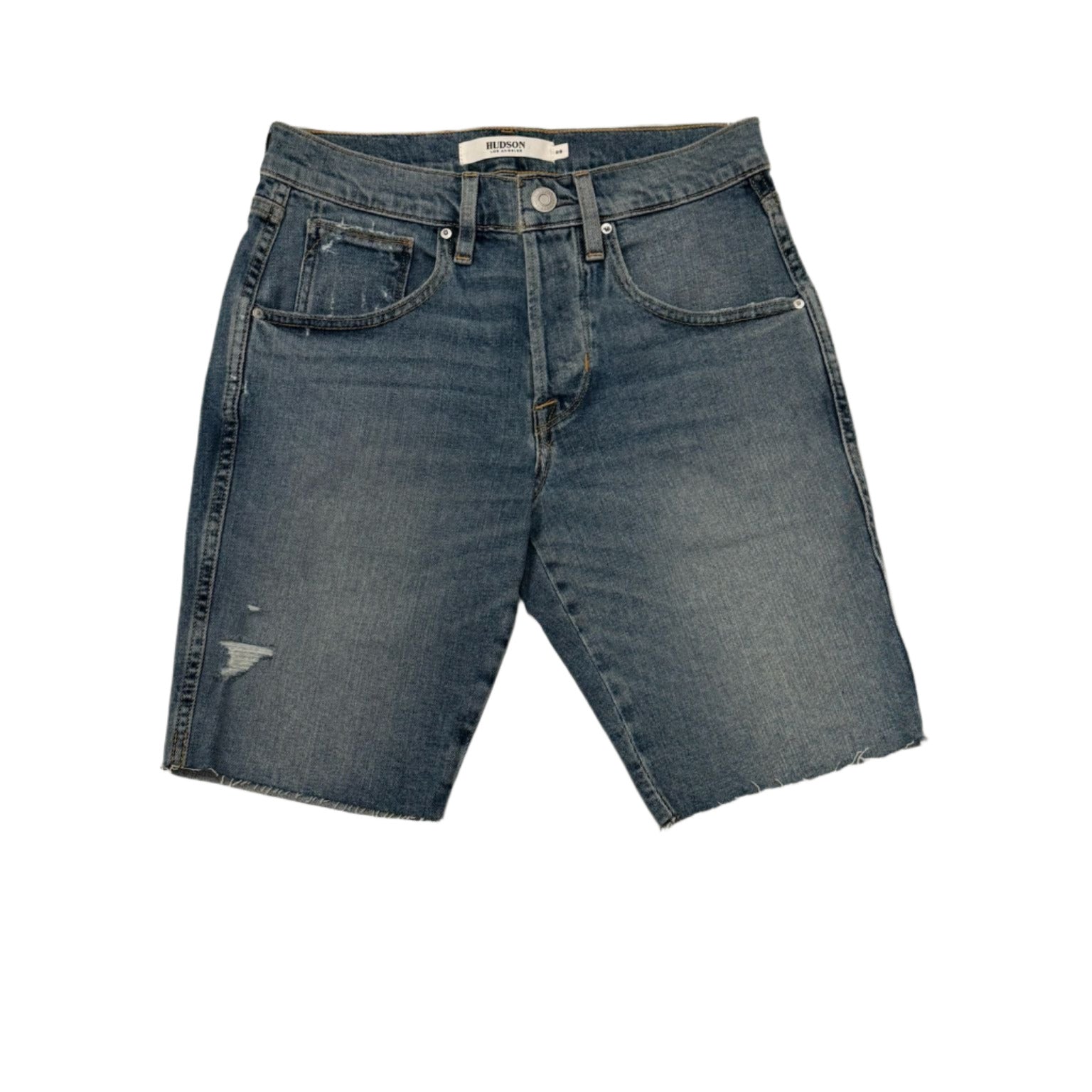 Pair of blue denim shorts on a white background