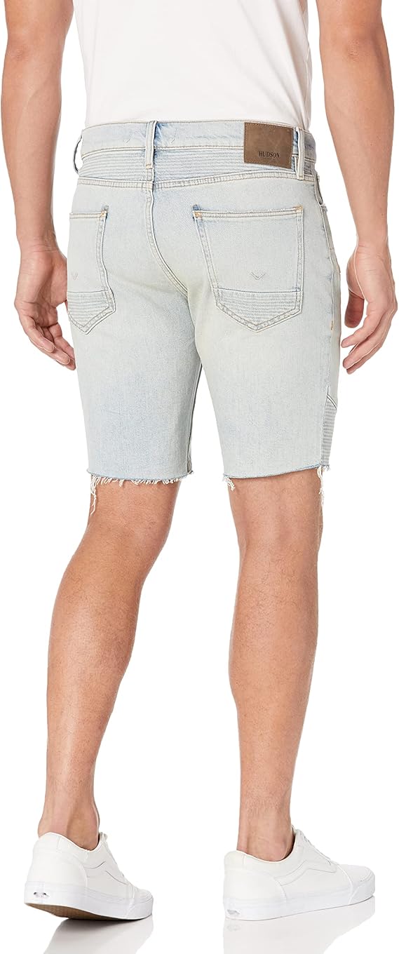  Hudson Blinder Biker V2 Short in Indigo Spray with ribbed panels, zip pockets, and slim moto fit