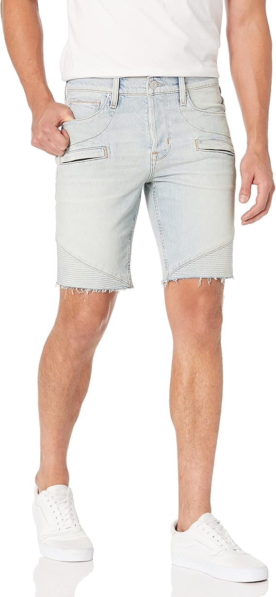  Hudson Blinder Biker V2 Short in Indigo Spray with ribbed panels, zip pockets, and slim moto fit
