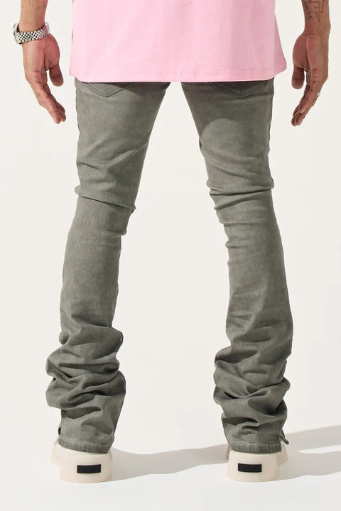 SERENEDE® HAVENMIST grey overdyed stacked jeans with stretch material, fitted construction, extended length, stacked ankle finish, leather waistband patch, and branded hardware