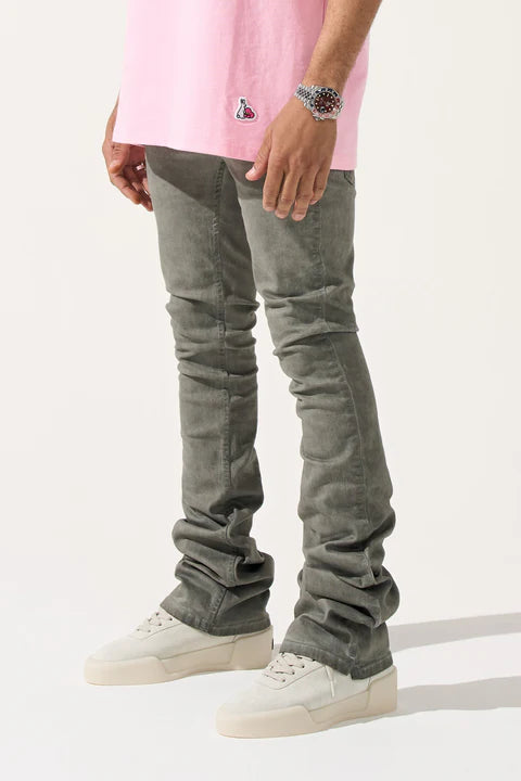 SERENEDE® HAVENMIST grey overdyed stacked jeans with stretch material, fitted construction, extended length, stacked ankle finish, leather waistband patch, and branded hardware