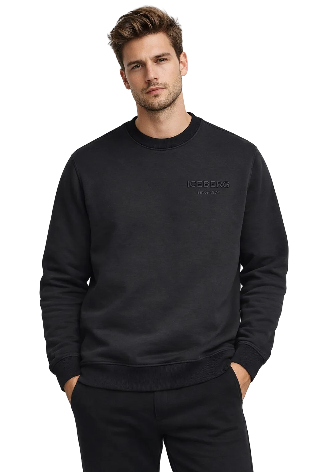 black crewneck sweatshirt men, iceberg sweatshirt black, luxury streetwear sweatshirt, minimalist logo sweatshirt, premium cotton crewneck, mens designer sweatshirt black, casual winter sweatshirt men