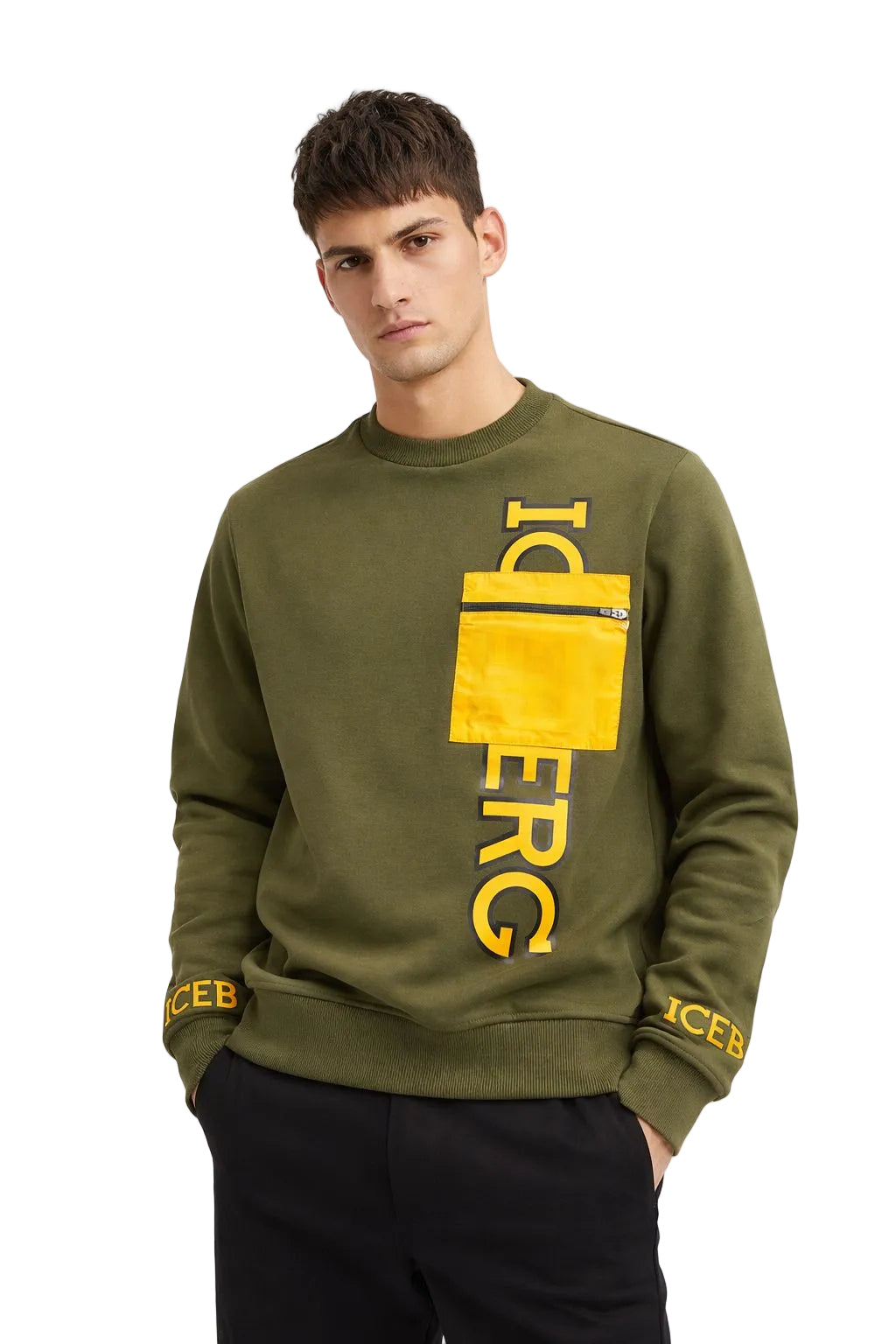 Olive sweatshirt with logo printed on the pocket, displayed on a clean background.
