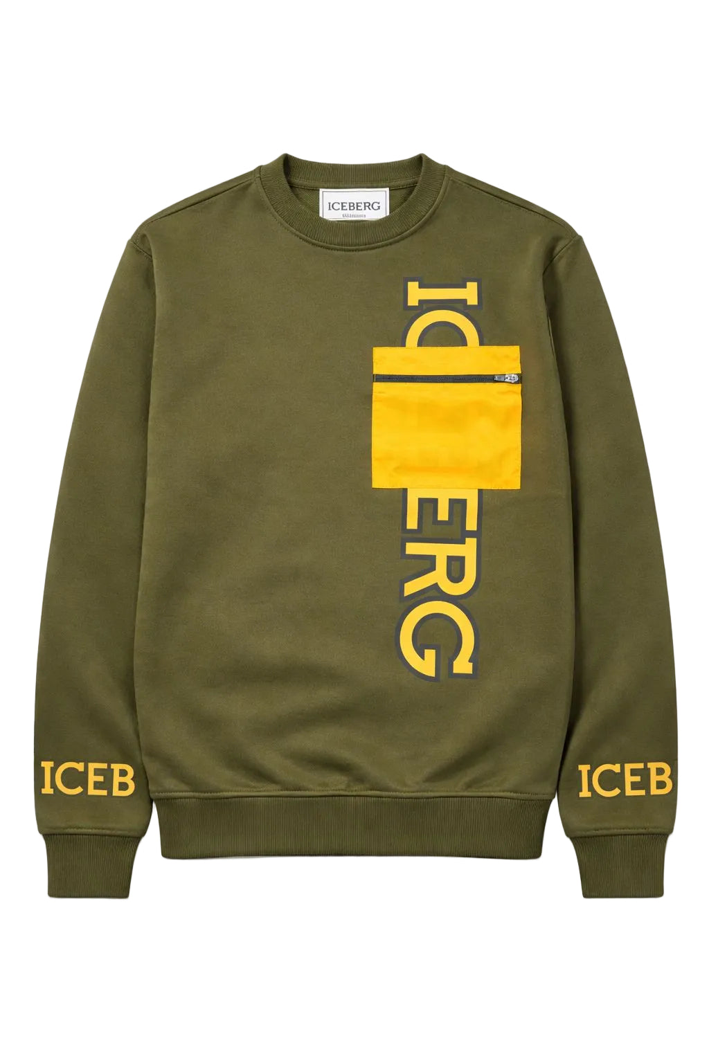 Olive sweatshirt with logo printed on the pocket, displayed on a clean background.