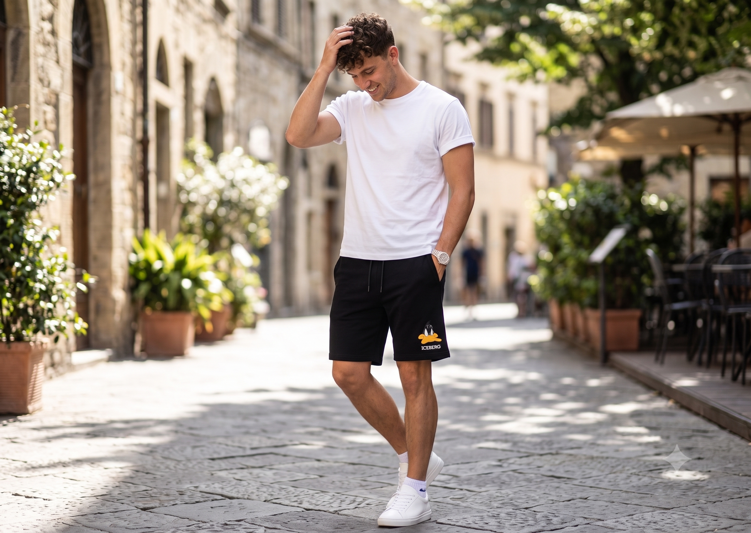 Iceberg E5 men’s black Bermuda shorts with drawstring waist, side pockets, and Daffy Duck logo print on the leg.