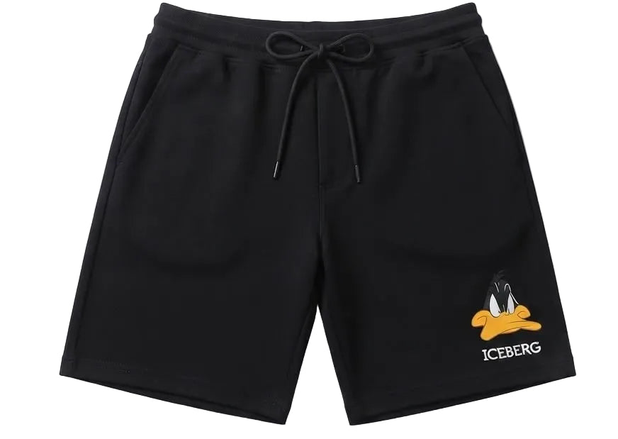 Iceberg E5 men’s black Bermuda shorts with drawstring waist, side pockets, and Daffy Duck logo print on the leg.