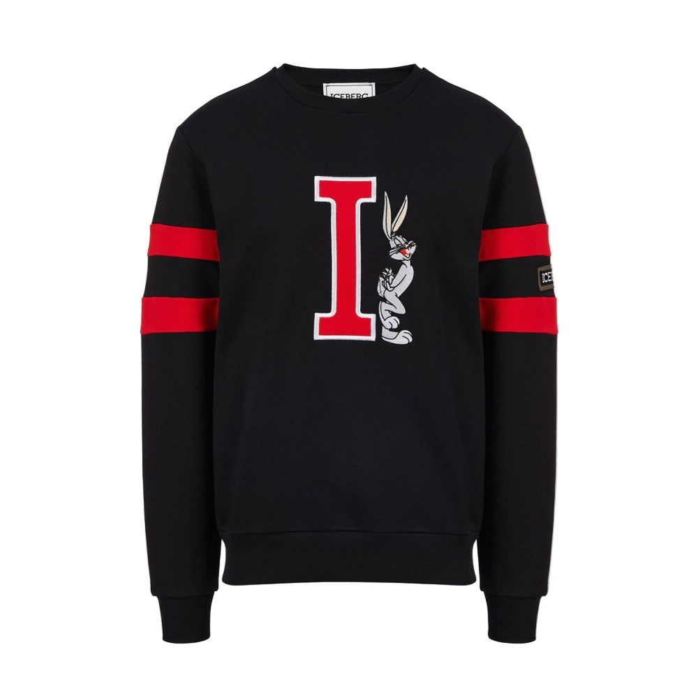 Black crewneck sweatshirt with red and white stripes on the sleeves and a white embroidered bunny and Iceberg logo on the front.