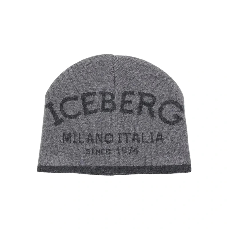 Gray beanie with 'Iceberg Milano Italia' branding on a white background