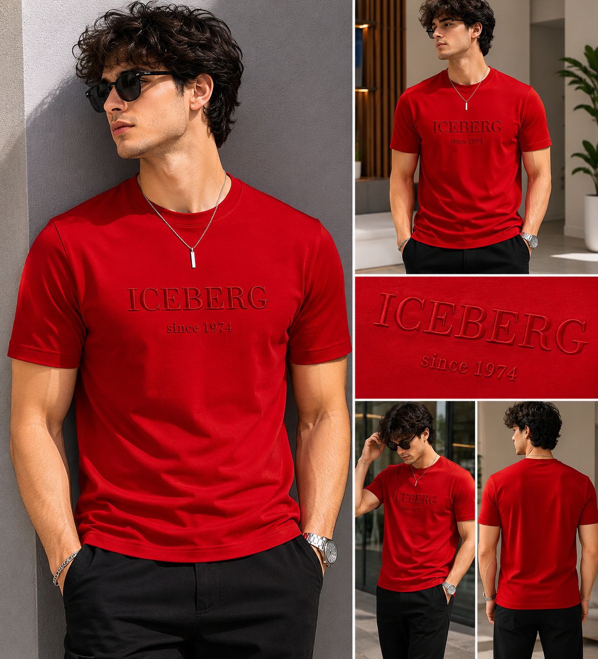 Premium ICEBERG X DAZZLE 5D red streetwear t-shirt for men featuring bold graphic fashion and luxury casual style