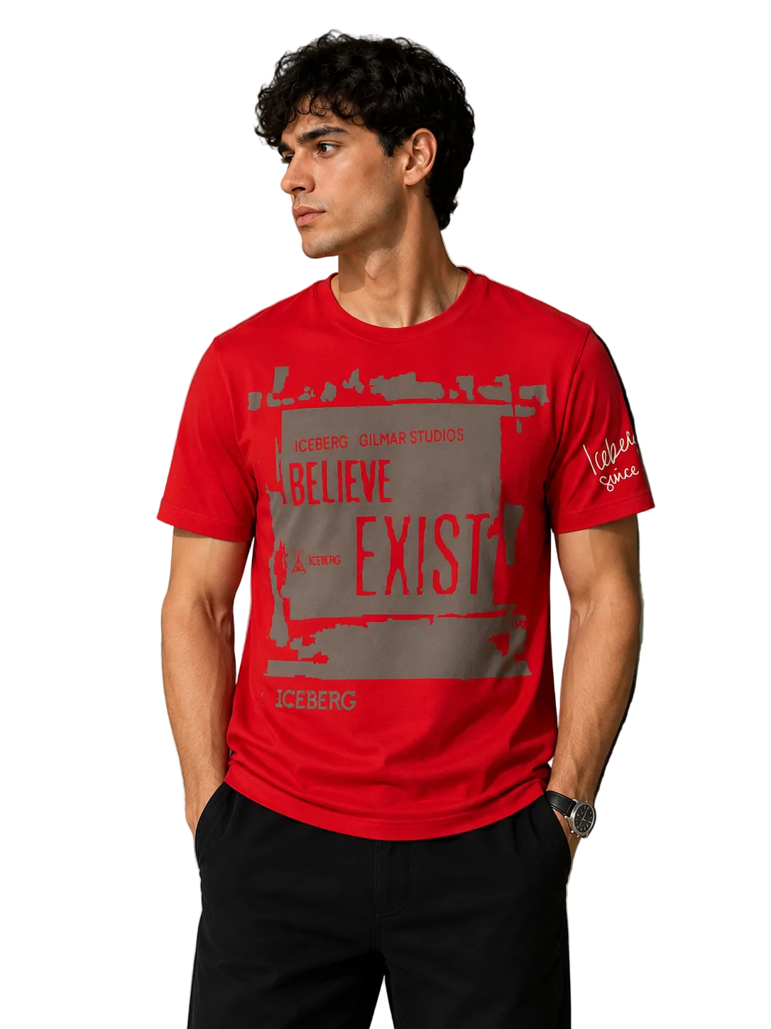 Premium ICEBERG X DAZZLE 5D red streetwear t-shirt for men featuring bold graphic fashion design and modern urban casual style