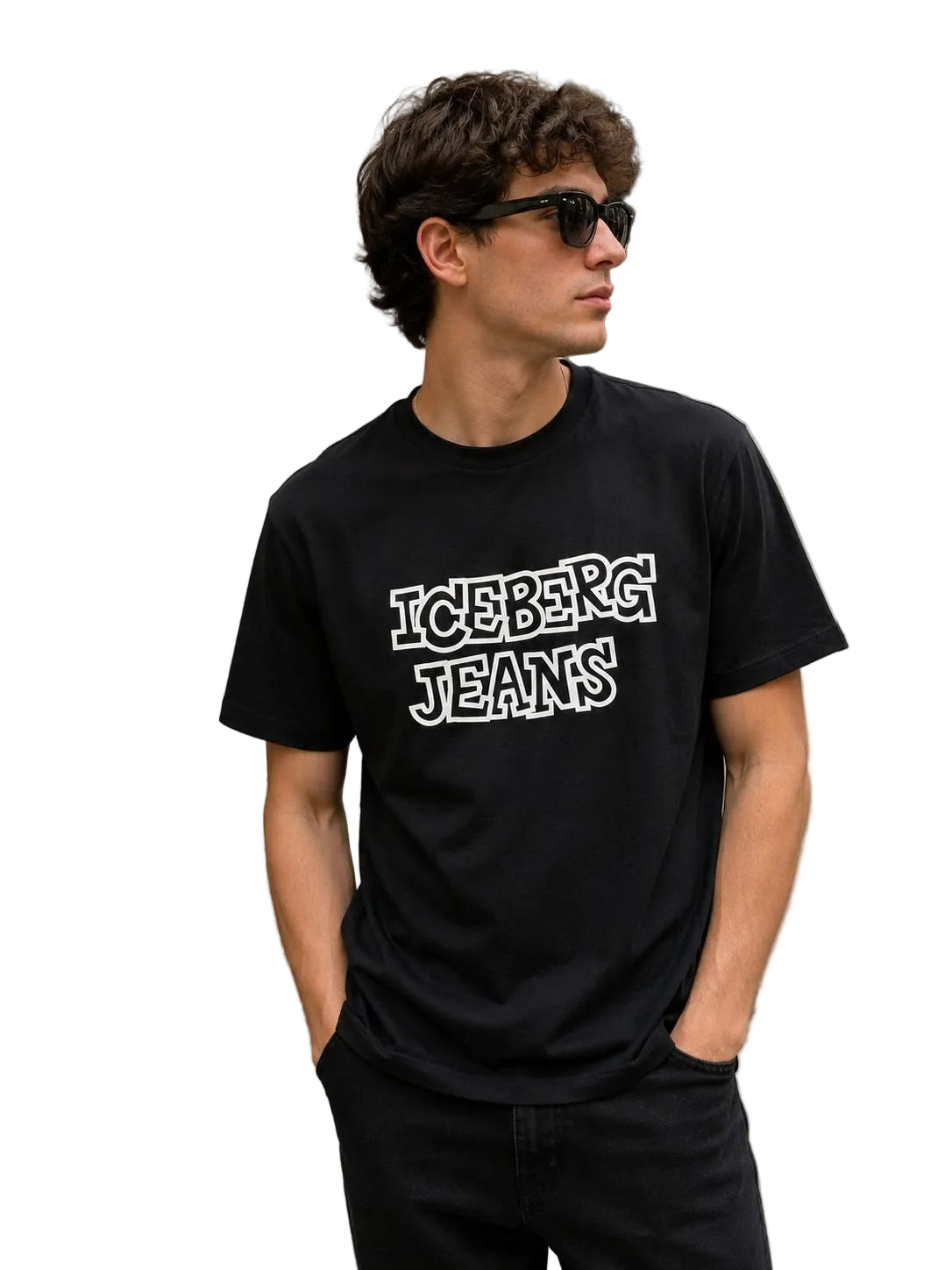 Male model wearing Iceberg 5D Black Graphic T-Shirt with modern streetwear styling