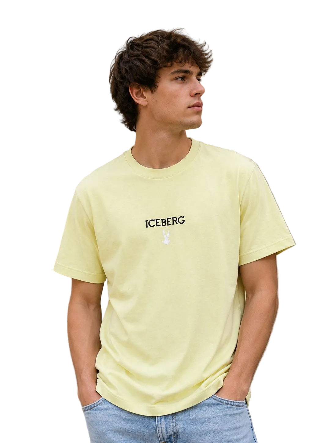 Male model wearing Iceberg Center Logo 5D light green graphic t-shirt with casual streetwear styling