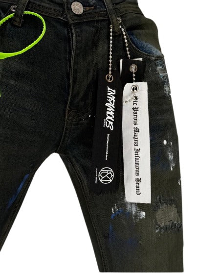 Step up your streetwear game with the Infamous Green Tint Skinny Jeans. Designed for those who aren't afraid to stand out, these slim-fit jeans combine urban attitude with a fresh twist. The subtle green tint adds a unique color pop to your wardrobe, while the stretch denim ensures a snug, comfortable fit that moves with you.