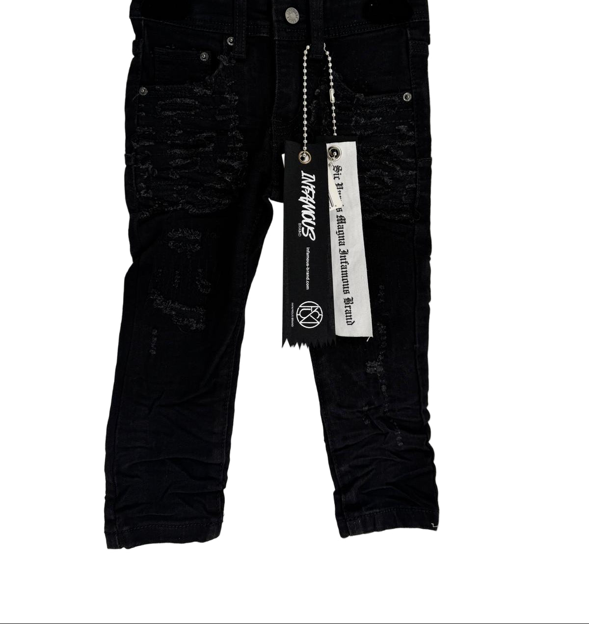 Bring bold street energy to your kid’s everyday style with the Infamous Jet Black Jeans. Designed for comfort, movement, and edge, these jeans feature a sleek distressed finish that captures the authentic streetwear vibe. 