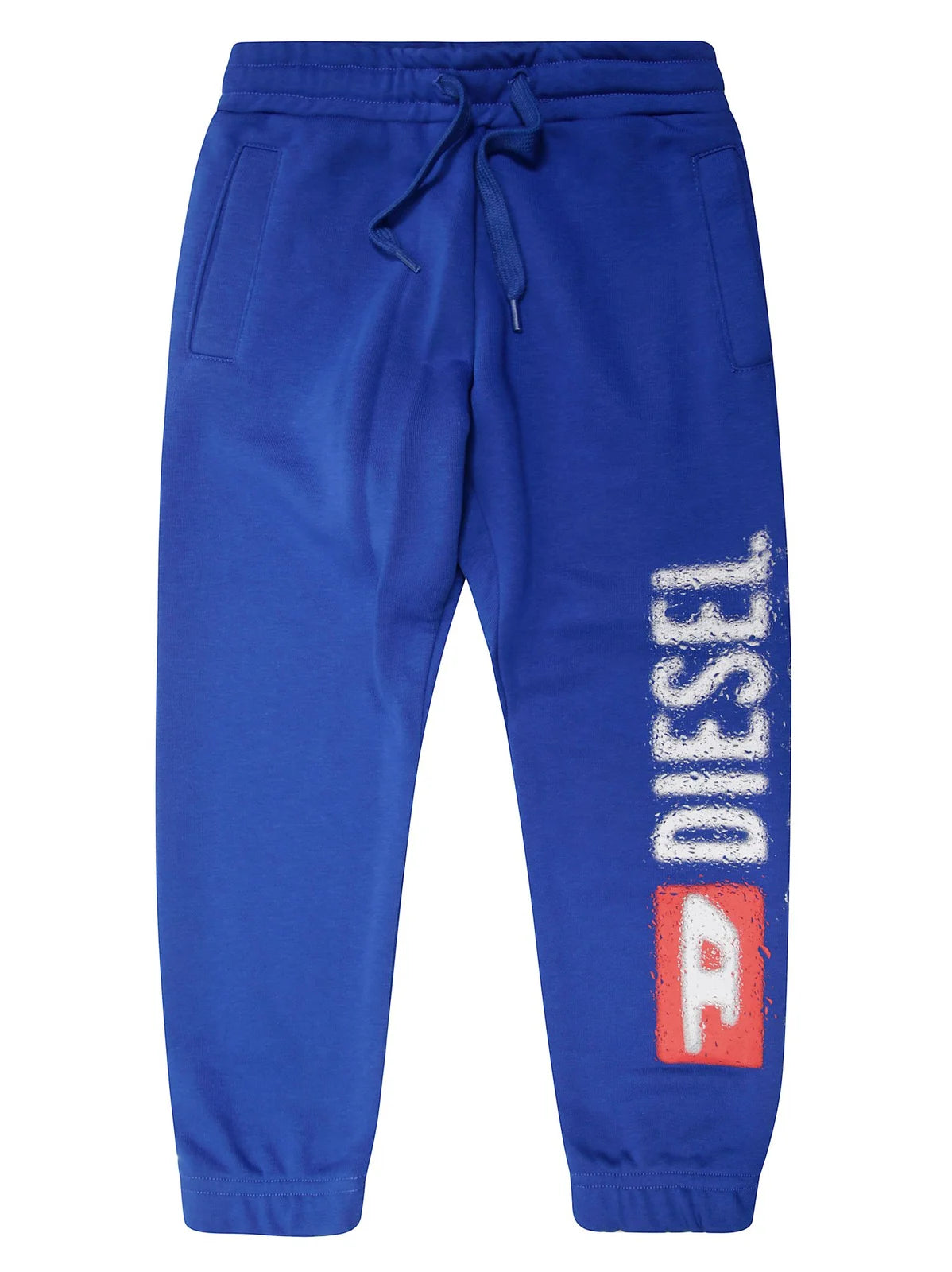 Diesel kids’ blue brushed cotton trousers with elasticated waist, side pockets, and elasticated ankles.