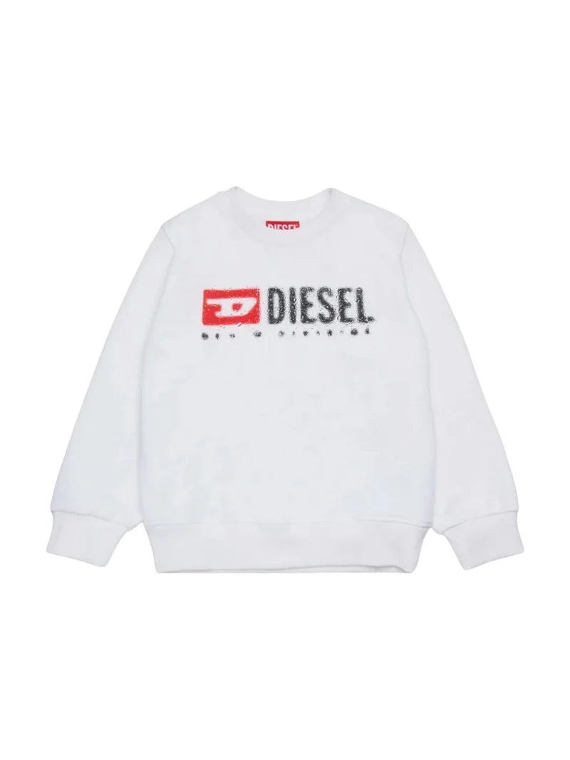 Diesel Chronight White Sweatshirt with oversized fit, long sleeves, and Diesel Denim Division logo with water splash effect.