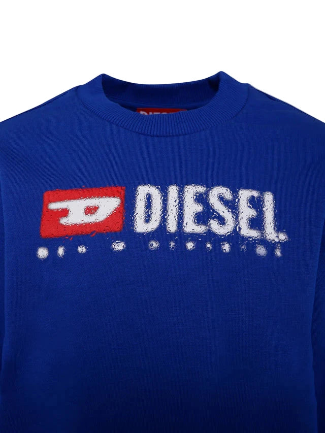 Blue sweatshirt with Diesel logo on a light gray backDiesel Chronight White Sweatshirt with oversized fit, long sleeves, and Diesel Denim Division logo with water splash effect.ground