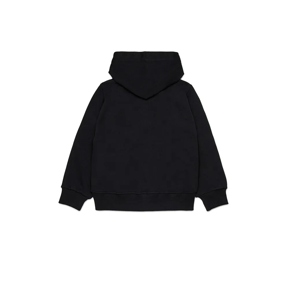 Diesel kids’ cotton hoodie with front logo, long sleeves, ribbed hem, and central kangaroo pocket.