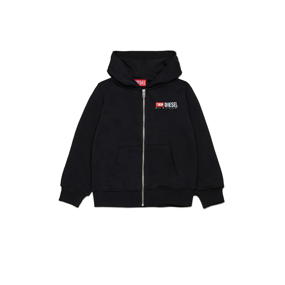 Diesel kids’ cotton hoodie with front logo, long sleeves, ribbed hem, and central kangaroo pocket.