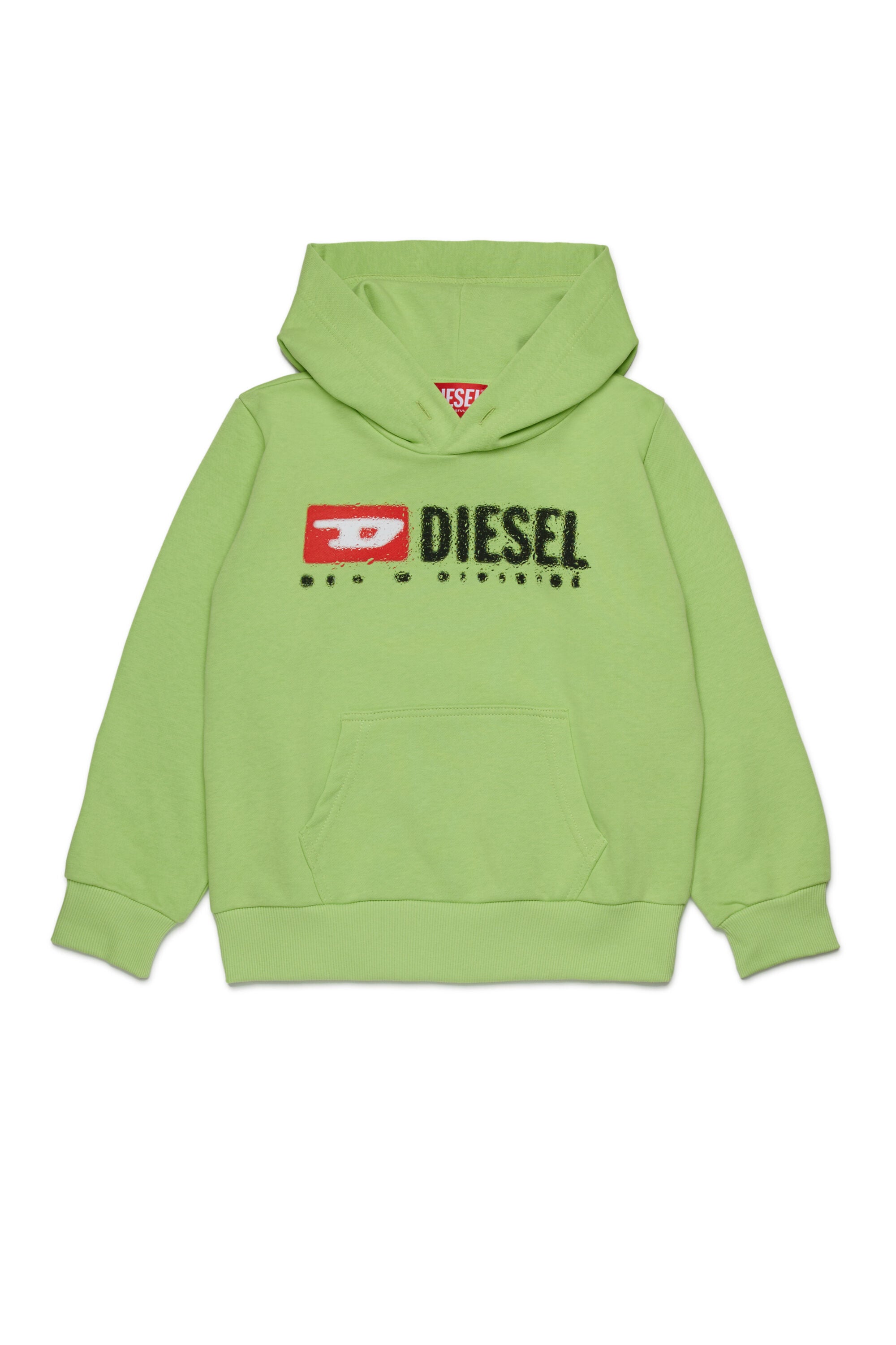 Diesel kids’ cotton hoodie with front logo, long sleeves, ribbed hem, and central kangaroo pocket.