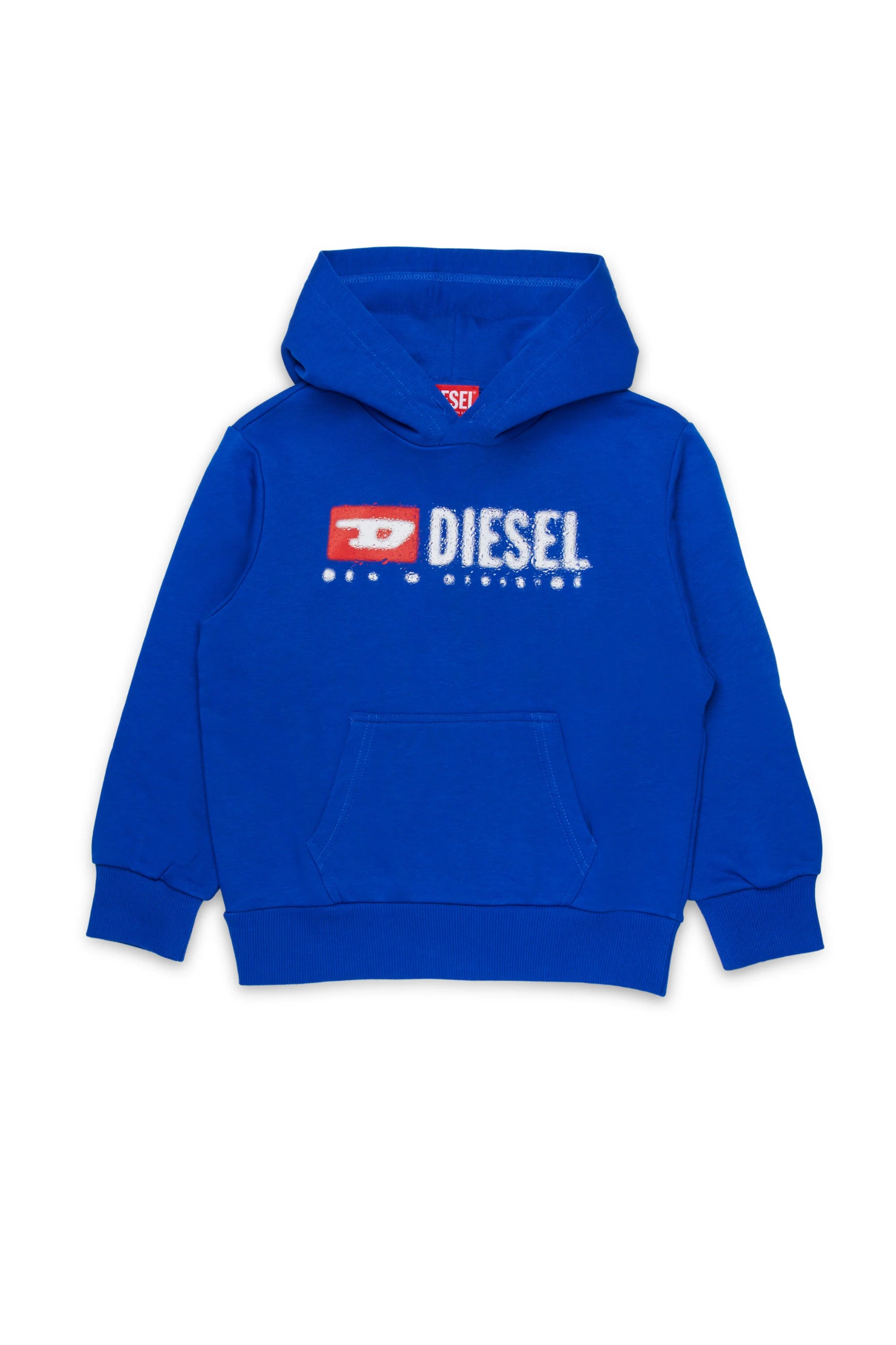 Diesel Denim Division Oversized Hoodie in white with water-splashed logo, hood, long sleeves, and pouch pocket.