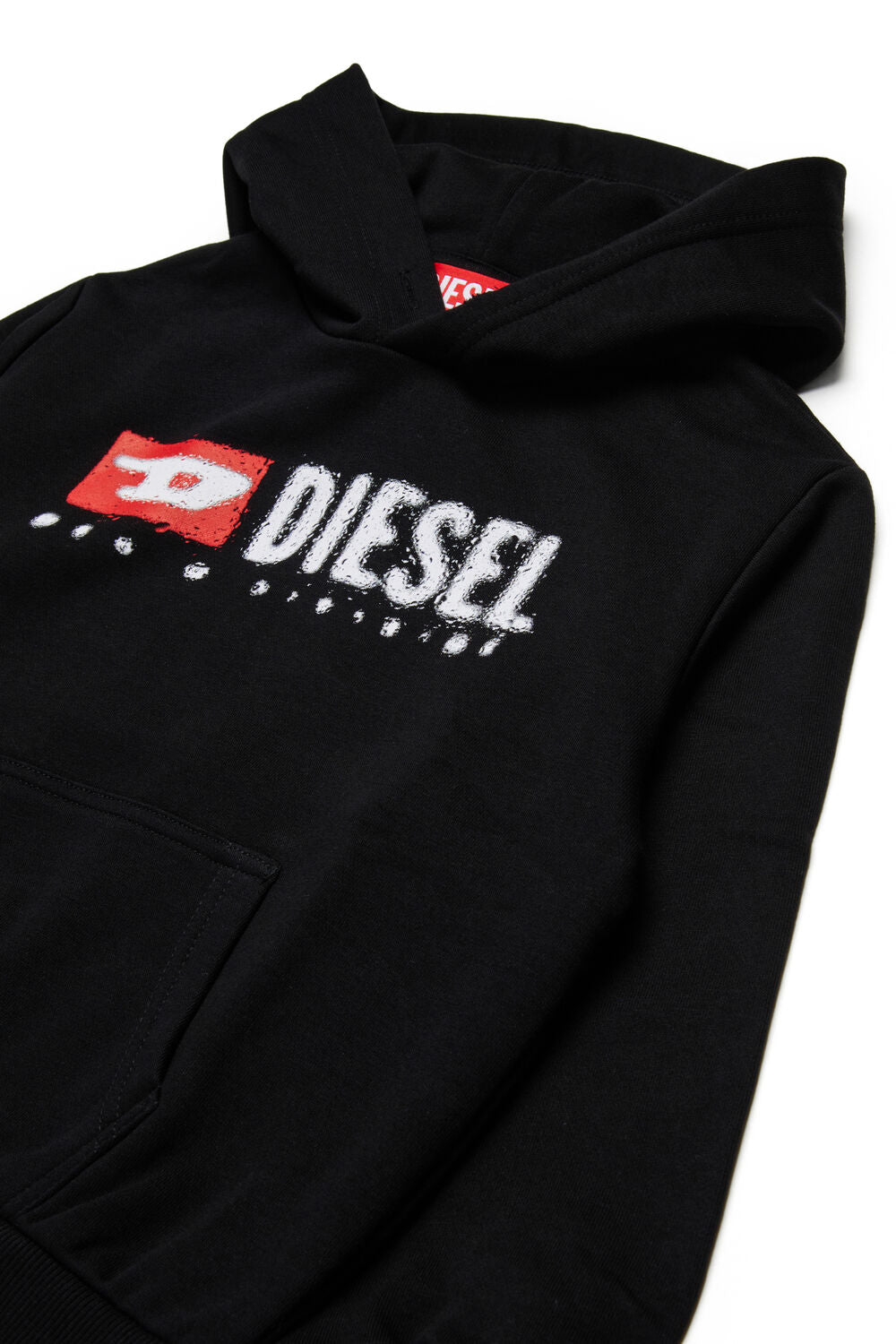 Diesel Denim Division Oversized Hoodie in white with water-splashed logo, hood, long sleeves, and pouch pocket.