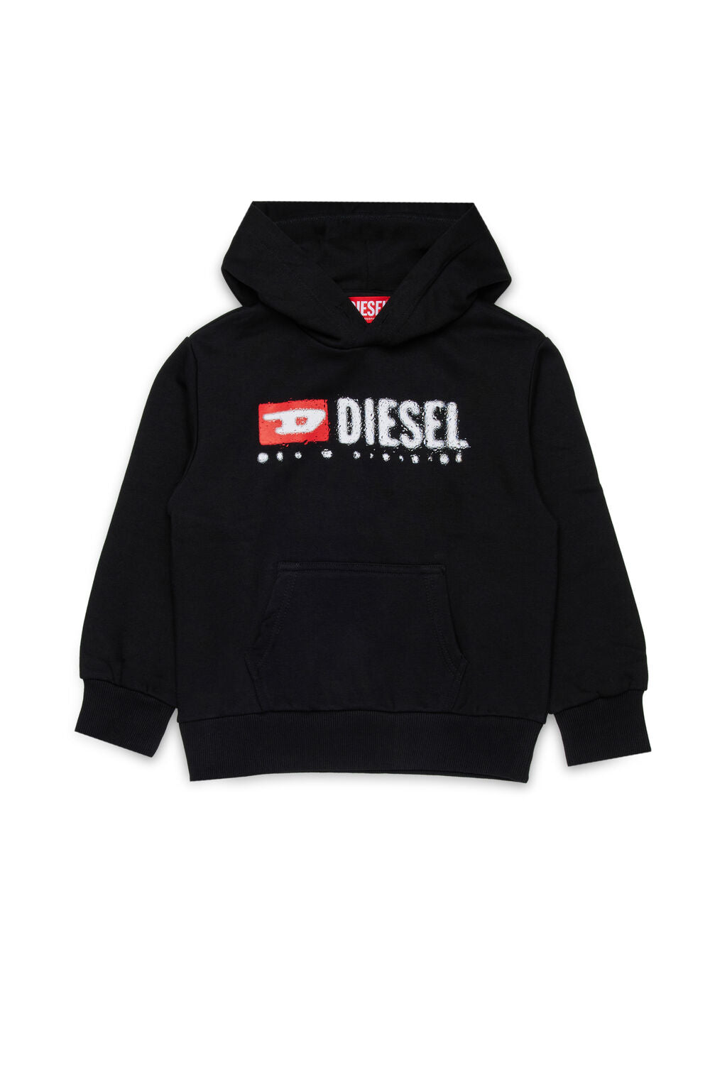 Diesel Denim Division Oversized Hoodie in white with water-splashed logo, hood, long sleeves, and pouch pocket.
