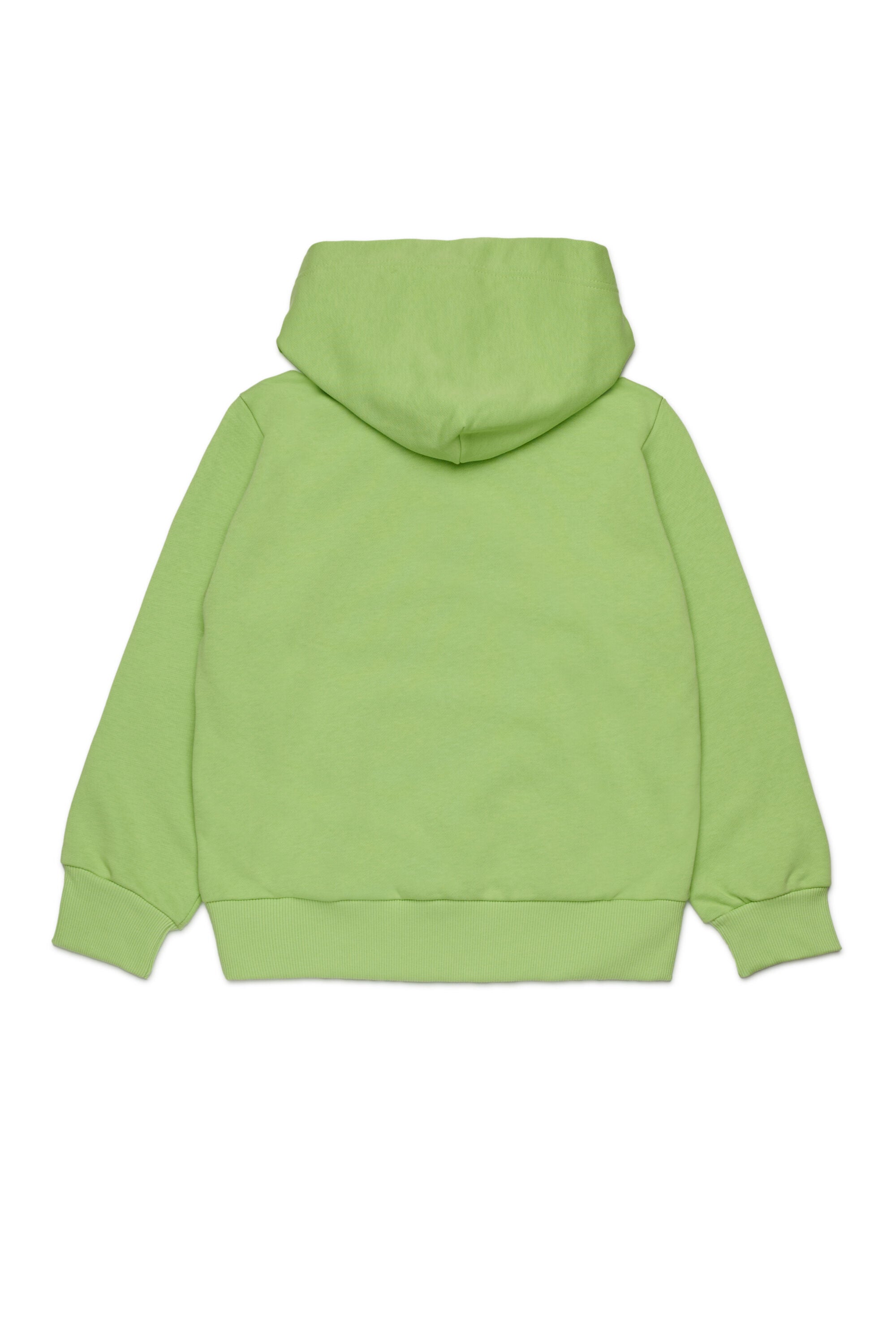 Diesel kids’ cotton hoodie with front logo, long sleeves, ribbed hem, and central kangaroo pocket.
