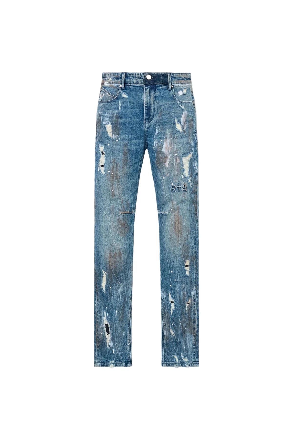 RTA Clayton Skinny Jean in Glitch Blue with distressed finish, paint splatter, embossed logo, and dagger seams.
