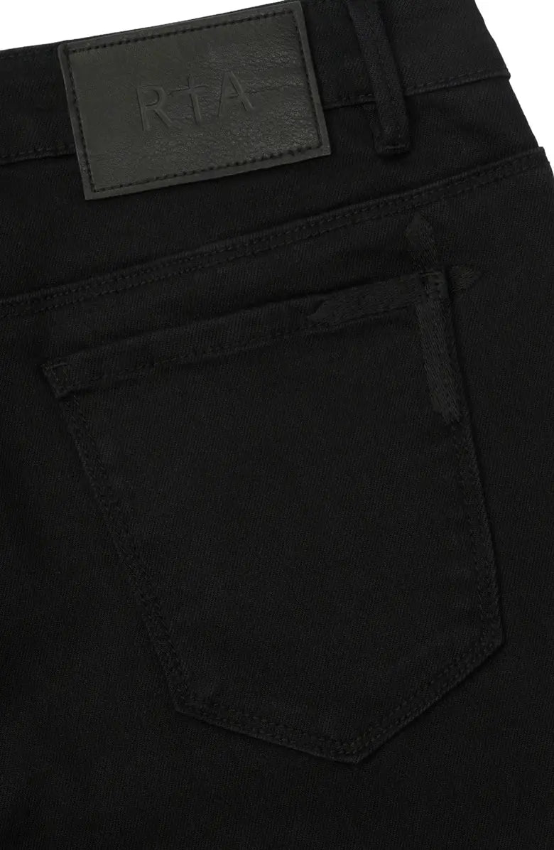RTA black skinny jeans with tonal side graphics and modern stretch denim silhouette