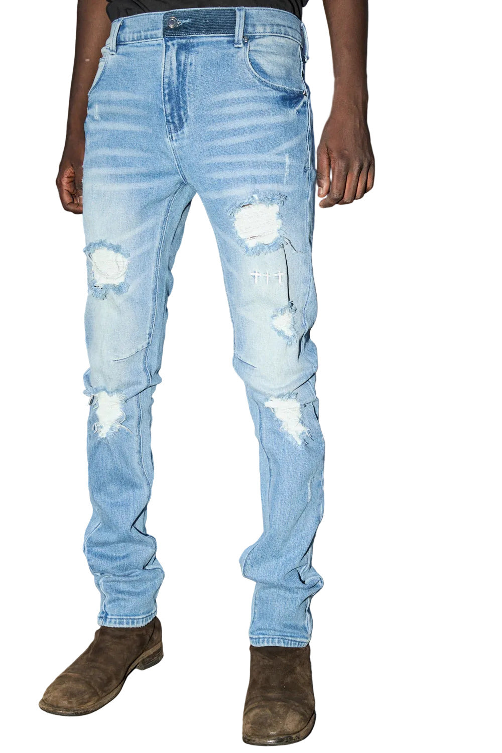 RtA men’s skinny jeans in Glacier Blue Cross Triad colorway.