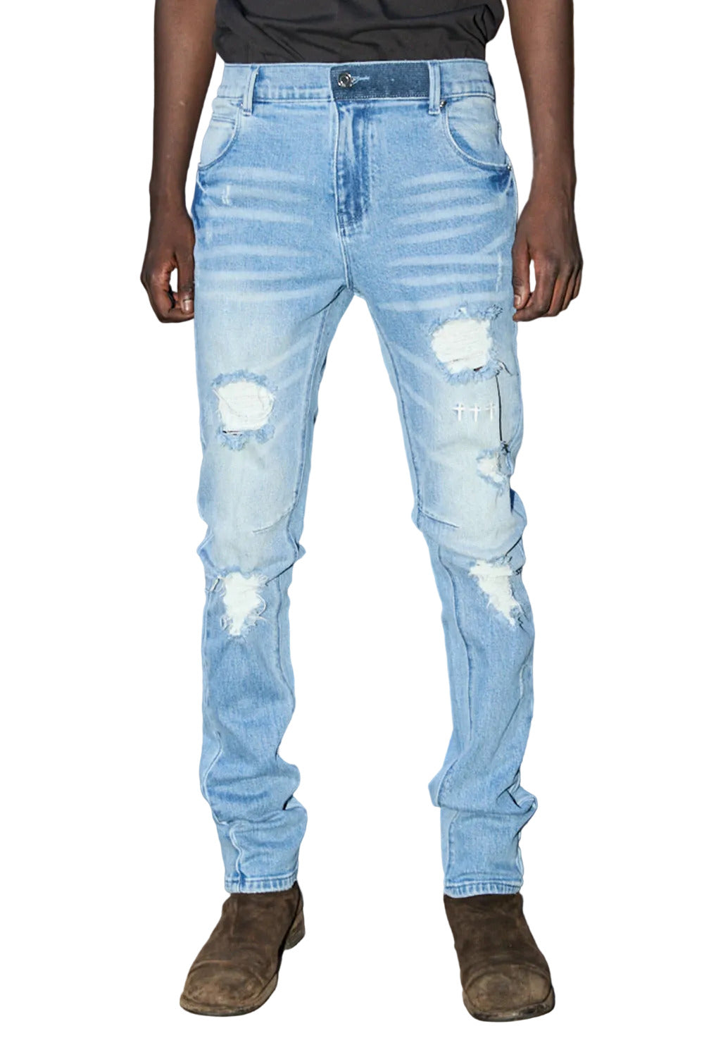 RtA men’s skinny jeans in Glacier Blue Cross Triad colorway.