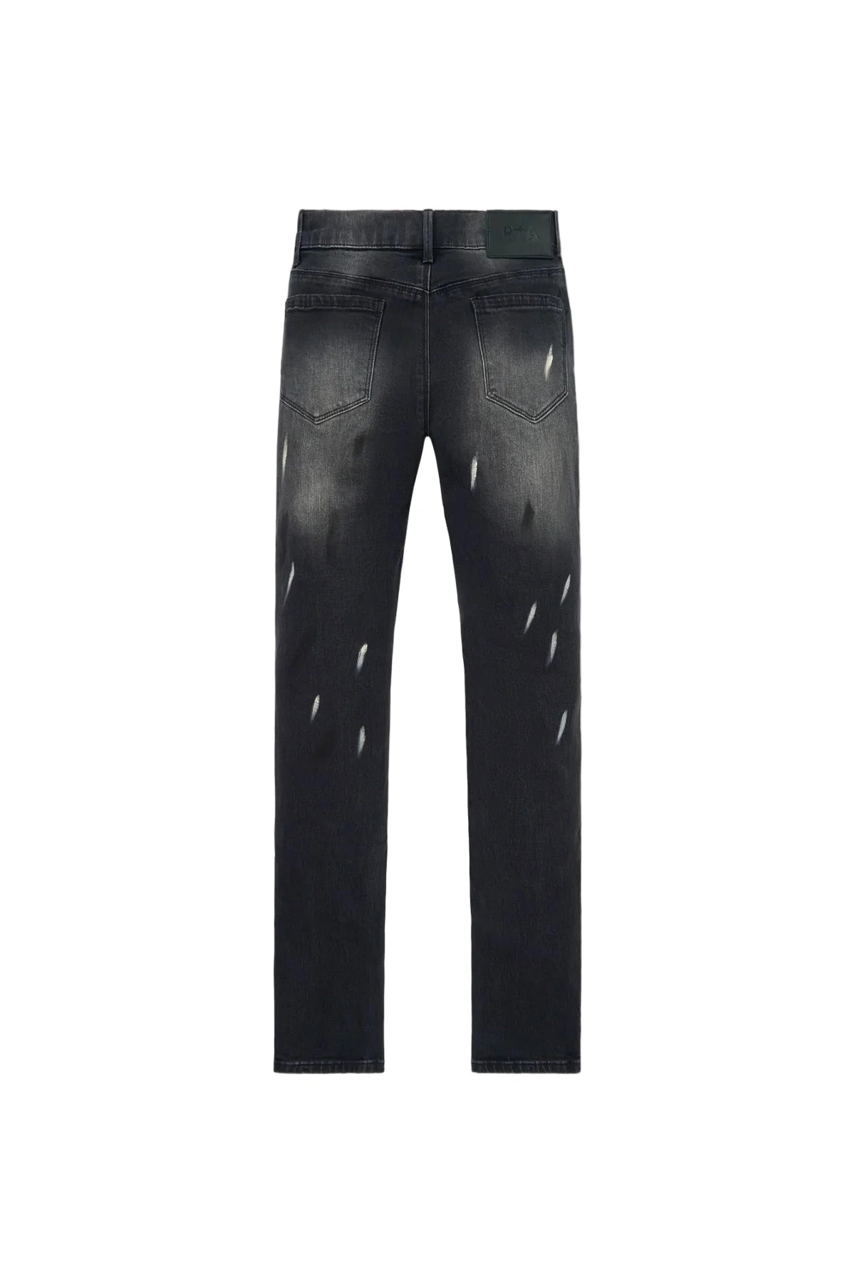 RTA Bryant Skinny Jean in Inkstone Paint with faded wash, paint splatter, and RtA signature detailing.