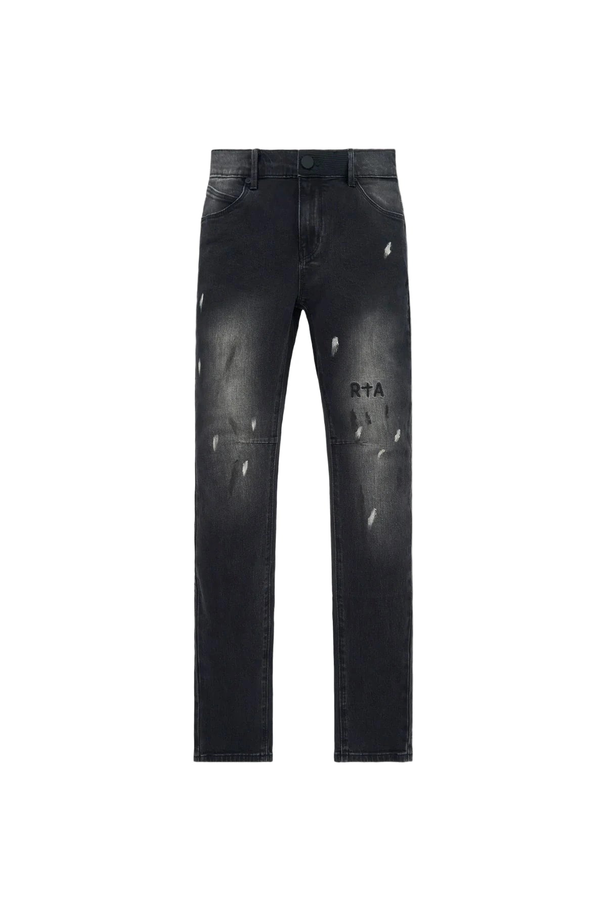 RTA Bryant Skinny Jean in Inkstone Paint with faded wash, paint splatter, and RtA signature detailing.