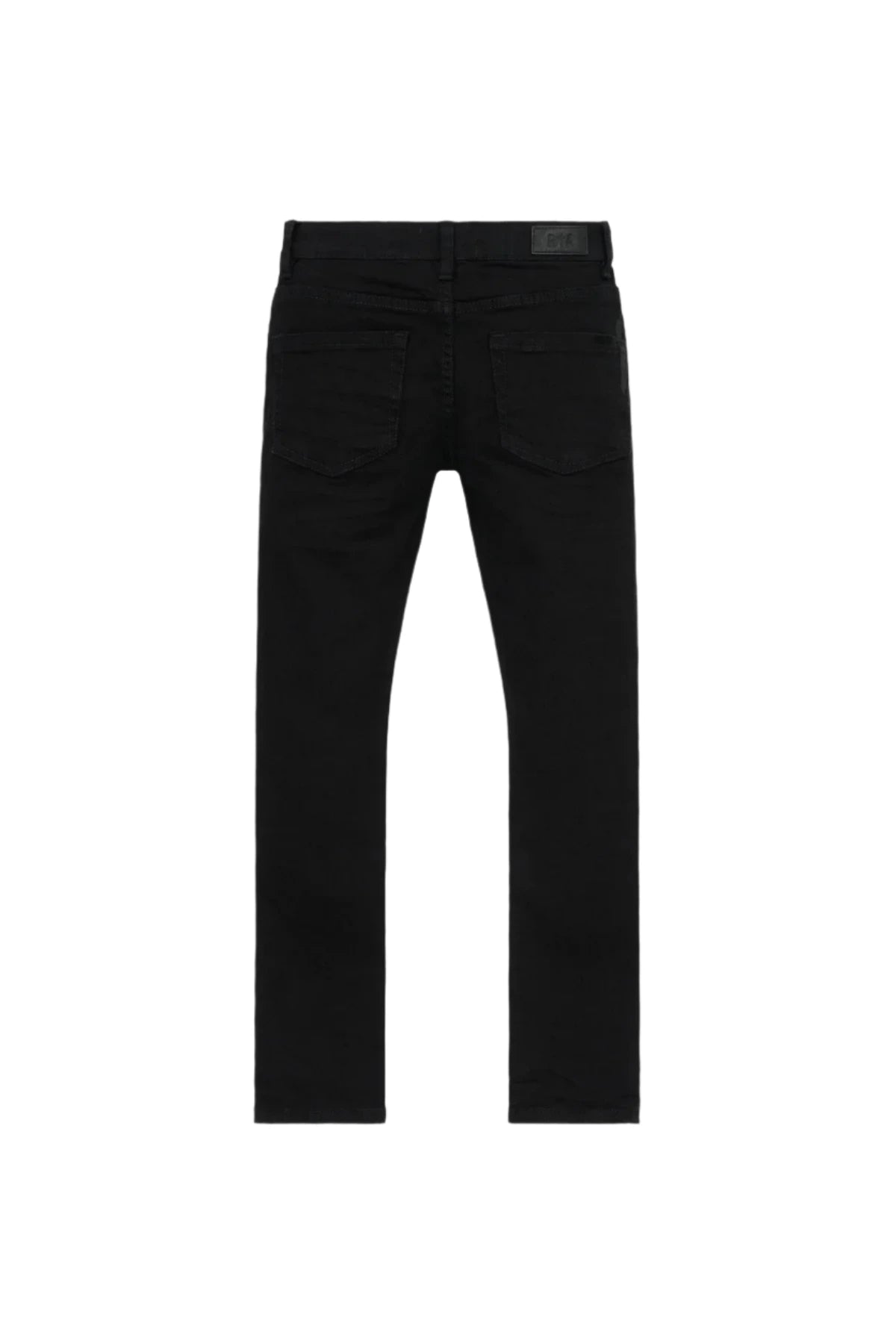 Anderson Skinny Jean in Black made from premium denim with stretch, featuring embroidered RTA logo on leg, RTA cross on back pocket, and leather patch on waistband.