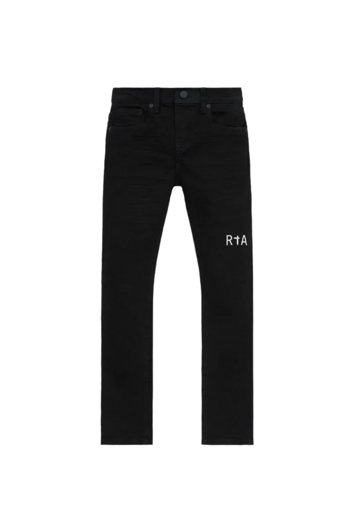 Anderson Skinny Jean in Black made from premium denim with stretch, featuring embroidered RTA logo on leg, RTA cross on back pocket, and leather patch on waistband.