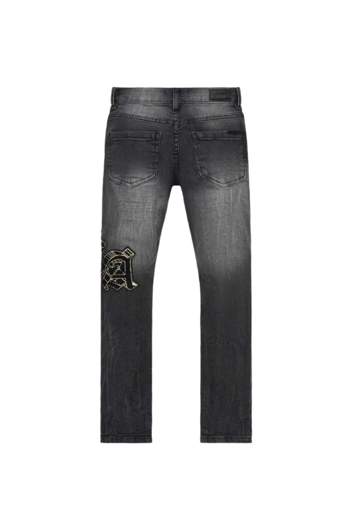 Anderson Skinny Jean in Grey Storm with updated RTA patch logo on thigh, made from premium denim with stretch, featuring signature leather patch on waistband.