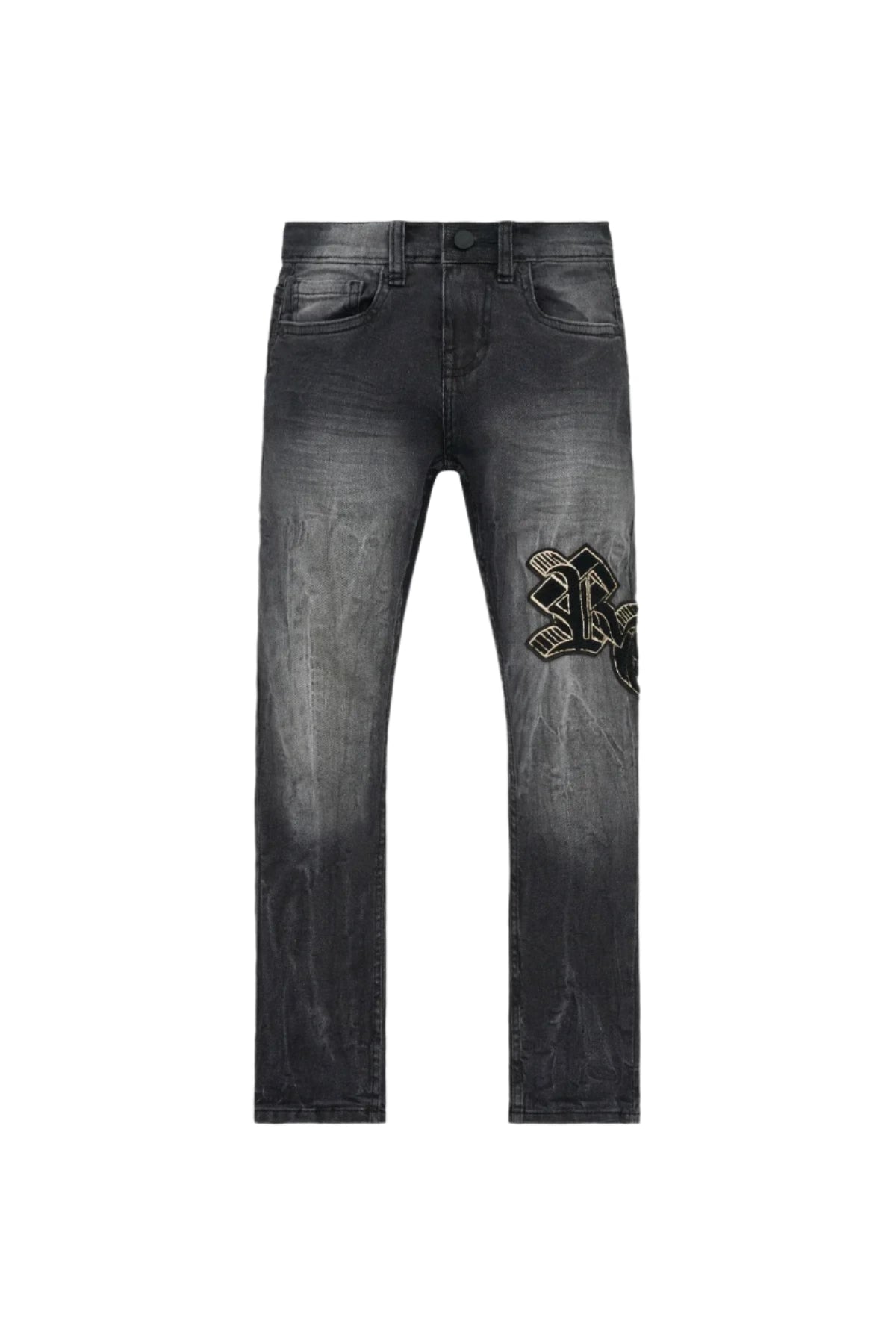 Anderson Skinny Jean in Grey Storm with updated RTA patch logo on thigh, made from premium denim with stretch, featuring signature leather patch on waistband.