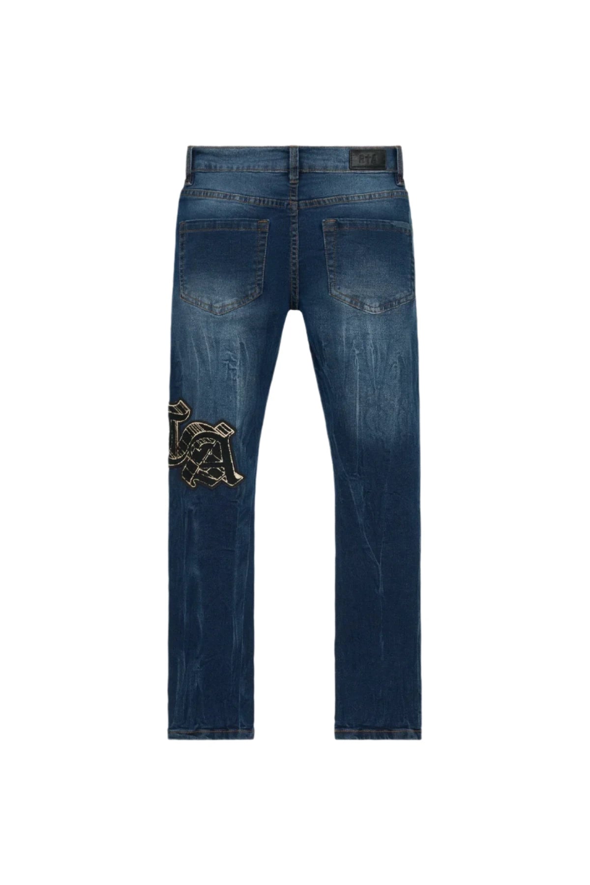 Blue jeans with a gold emblem on a white background