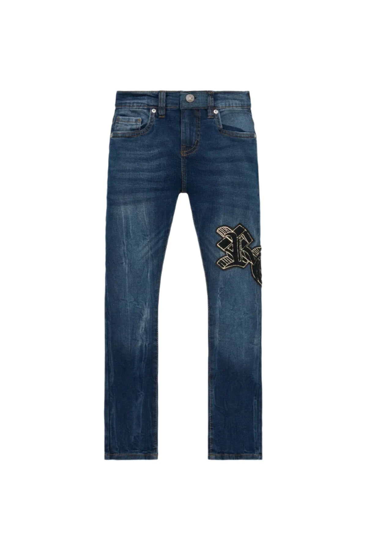 Blue jeans with a brand logo on a white background