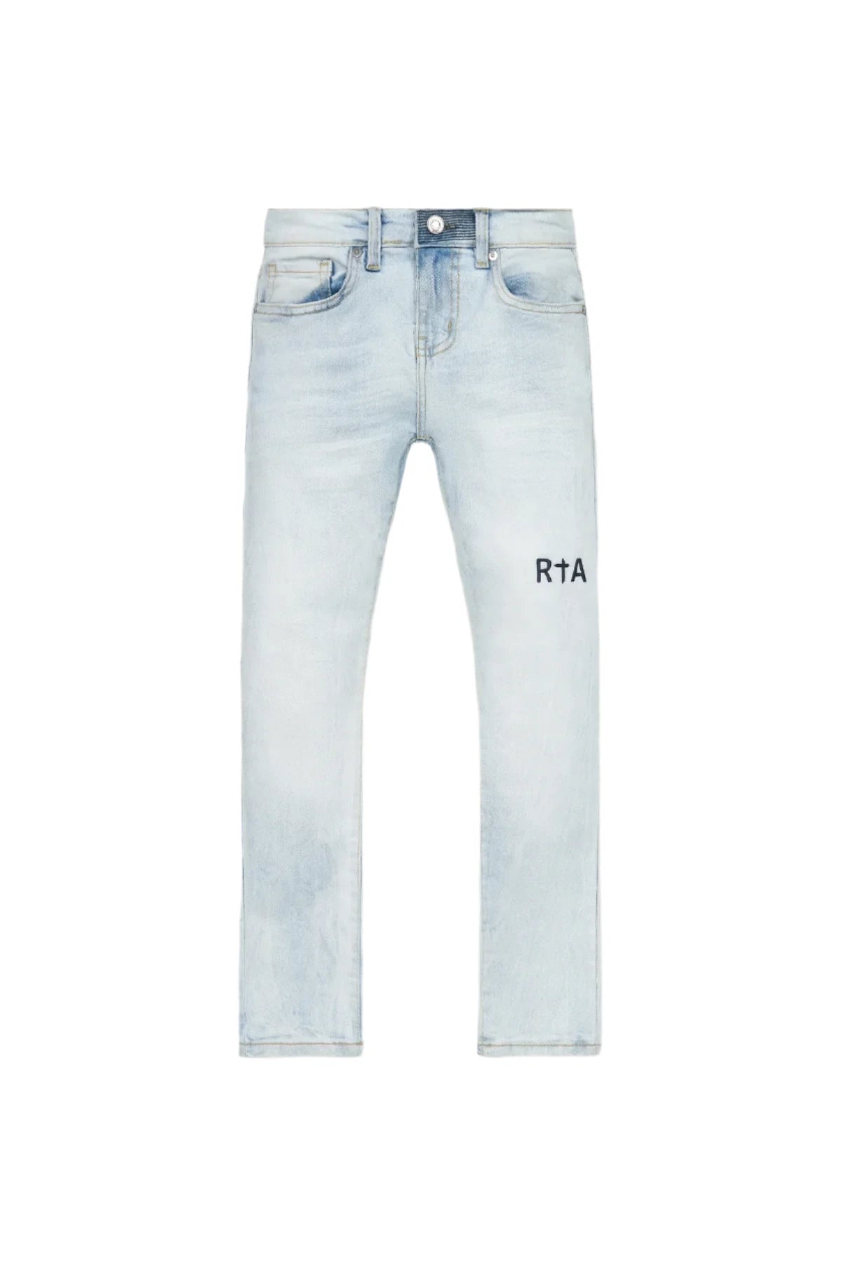 Light blue jeans with 'RTA' branding on a white background