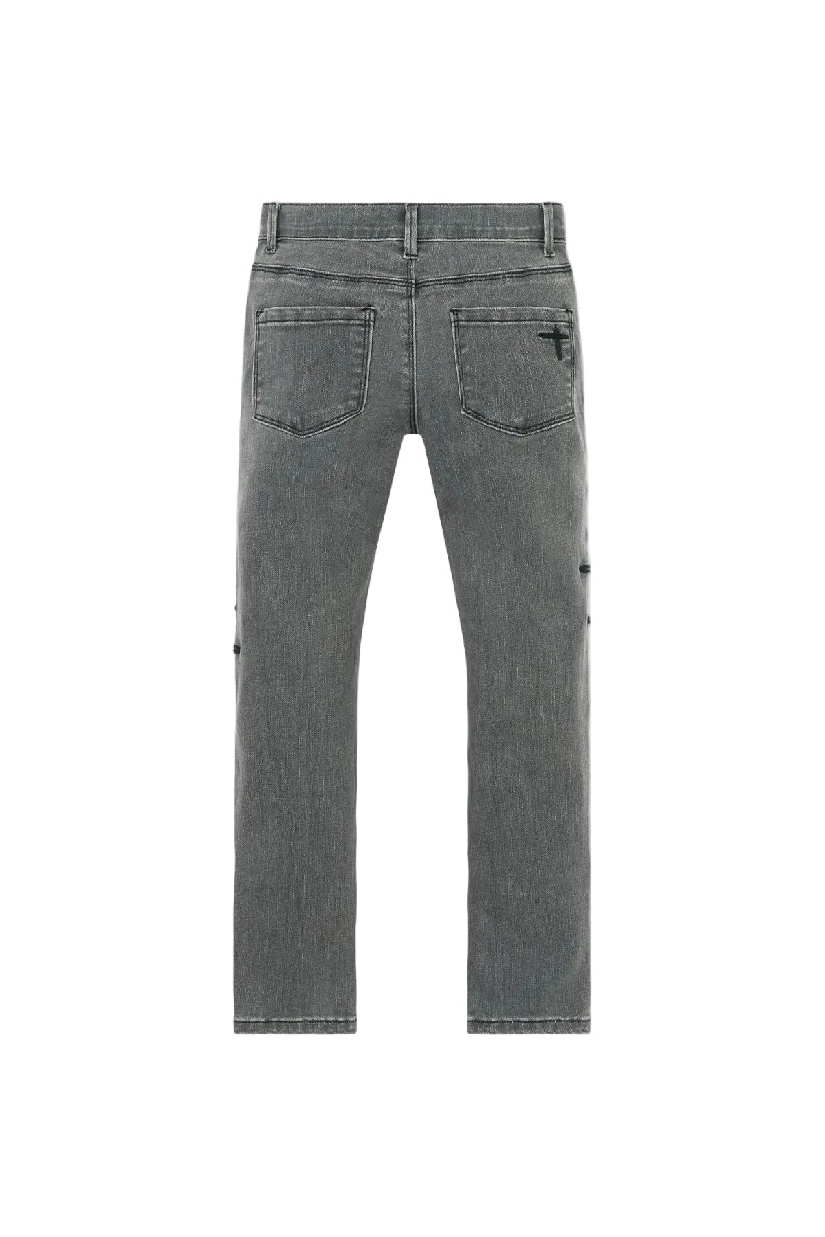 RtA Benson skinny jeans in Clouded Mist with embroidered cross patches and RtA logo on the back pocket.