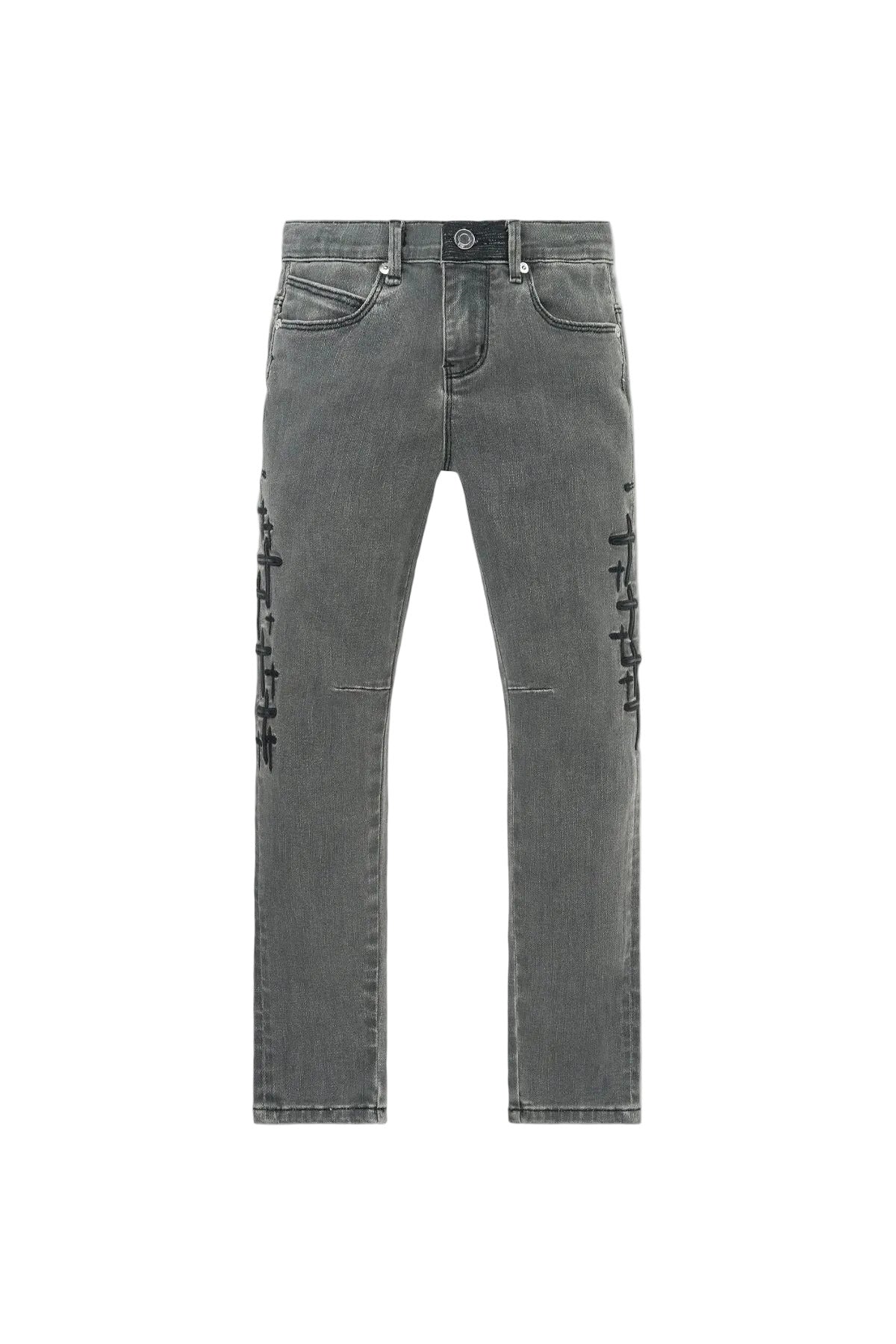 RtA Benson skinny jeans in Clouded Mist with embroidered cross patches and RtA logo on the back pocket.